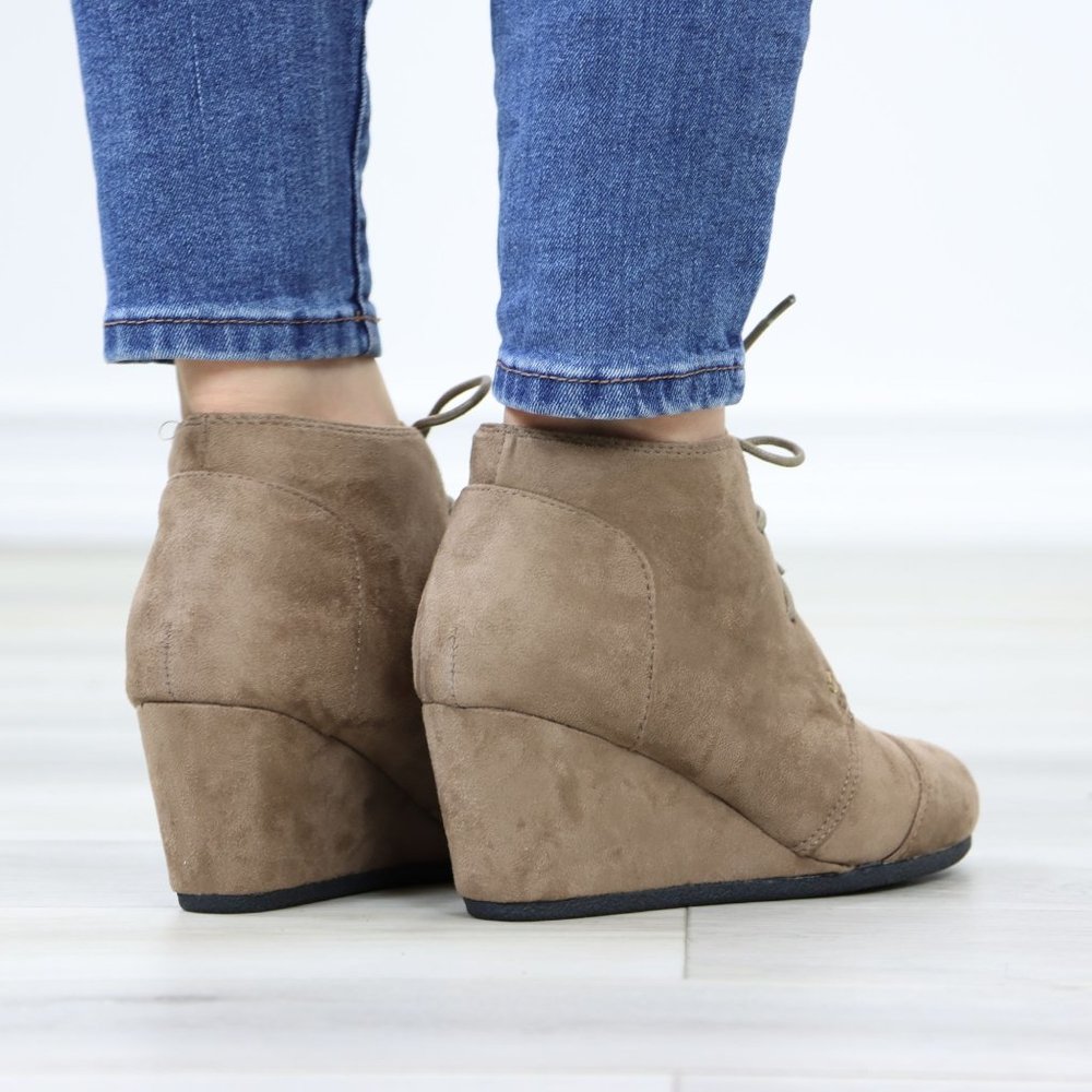 Taupe Faux Suede Round Toe Wedge Heel Lace Up Ankle Boots - Picture 7 of 12